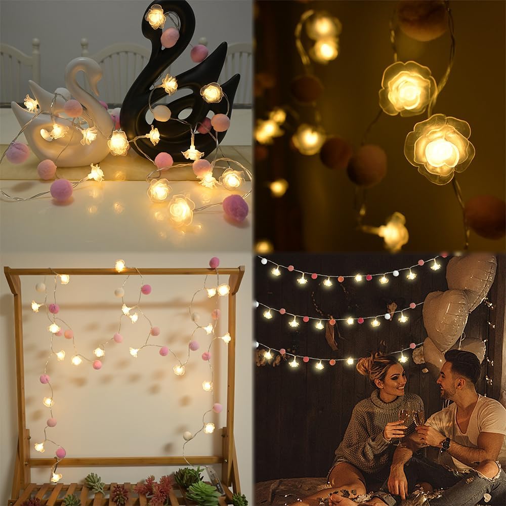 9.85Ft String Lights 20 Cute Pink Pompoms 20 LEDs Rose Fairy Lights Garland Battey Operated with Timer Flower Lights for Bedroom Kids Room Party Birthday Wedding Valentines Decorations