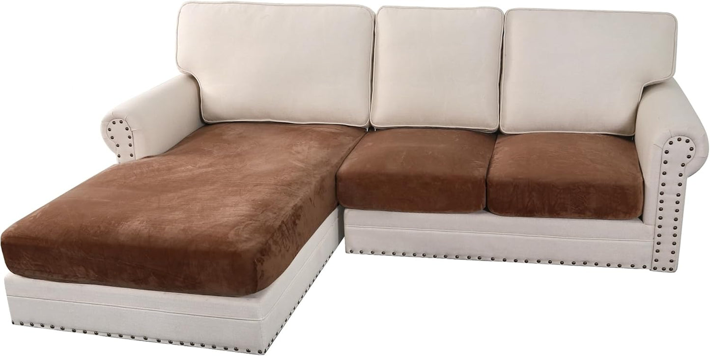 H.VERSAILTEX Velvet Stretch Sectional Couch Covers 3 Pieces Sofa Seat Cushion Covers L Shape Separate Cushion Couch Chaise Cover for Both Left/Right Couch (Large Sofa 2 Seater + 1 Chaise, Caramel)