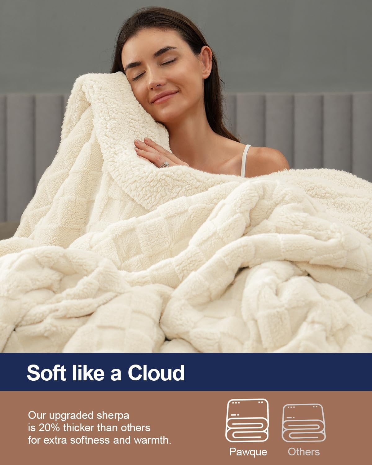 Pawque Super Soft Cozy Throw Blanket Twin Size for Couch Bed, Fluffy Sherpa Fleece Reversible Thick Warm Fuzzy Blanket for All-Season, 3D Checkered Jacquard Decorative Blanket, Cream White, 60" x 80"