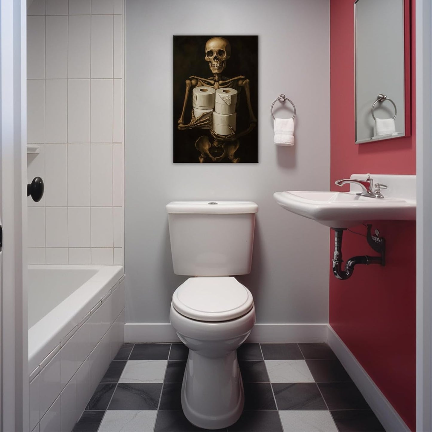 Gothic Skull Wall Art Funny Skeleton with Toilet Paper Canvas Print Vintage Skull Painting Framed Artwork for Living Room Home Halloween Wall Decor(Artwork-8,24"x36")