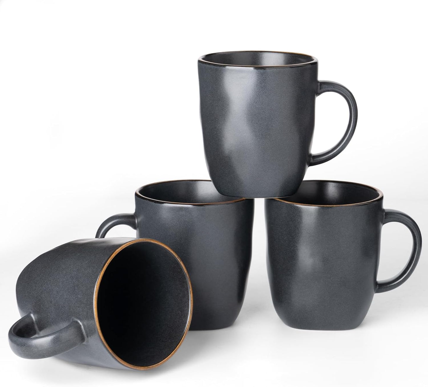 famiware Coffee Mugs Set of 4, Ocean Square 13oz Coffee Cup Set with Handle for Cocoa, Milk, Hot Chocolate, Tea, Water, Stoneware Cups for Kitchen, Microwave and Dishwasher Safe, Matte Black