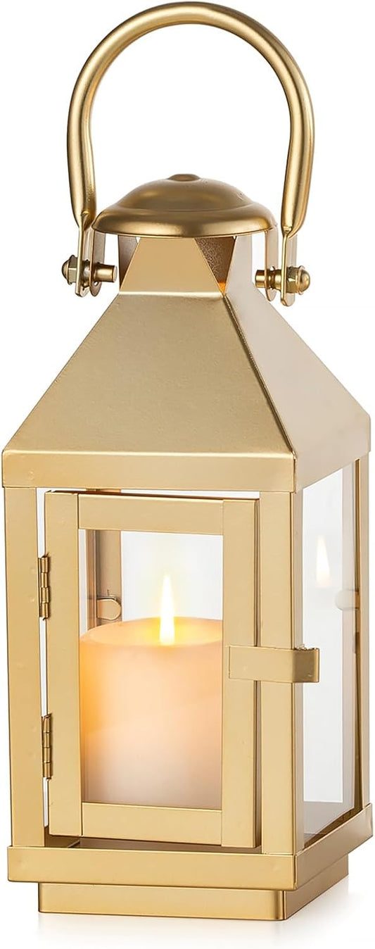 NUPTIO Gold Lanterns Decorative Indoor: 8.6 Inch Tall Metal Lantern with Glass for Pillar Candle - Fireplace Decor for Christmas Home Living Room Mantle Porch Wedding