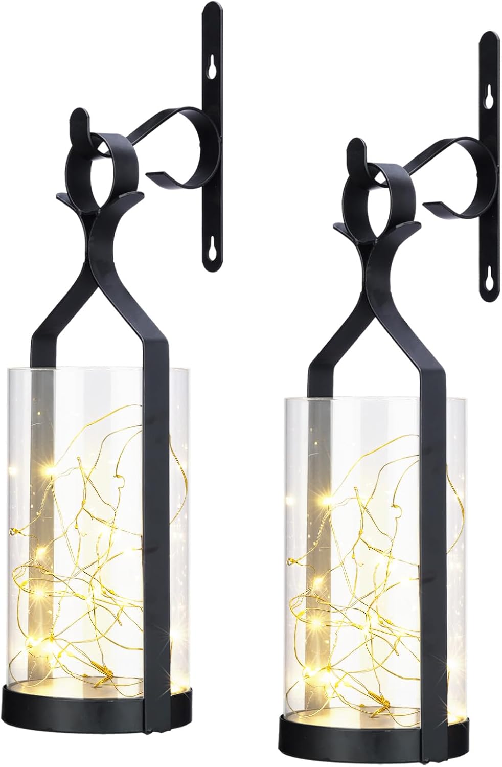 Metal Wall Sconce 35 Led Lantern Set of 2 - Black Wall Mounted Hanging Holder with Glass & Candles Vintage Wall Decor for Porch, Living Room, Dining Room, Bedroom Indoor Decor