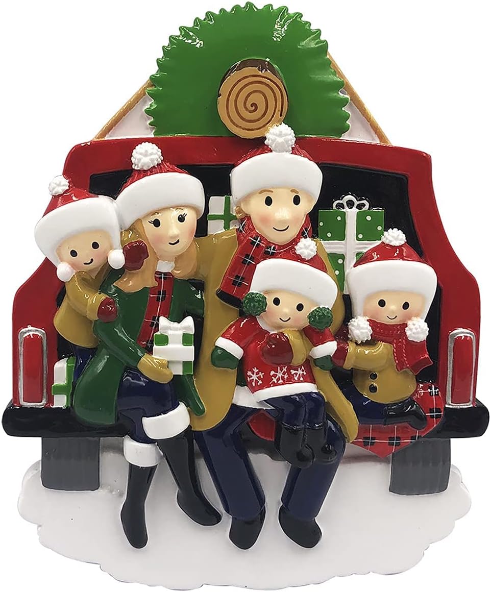 3D Red Truck Family of 5 Christmas Ornament 2025 Personalized Family Christmas Ornaments 2025 | Vintage Car Road Trip Presents Personalized Tree Ornaments Customizable Gifts in Pickup of Five Ornament