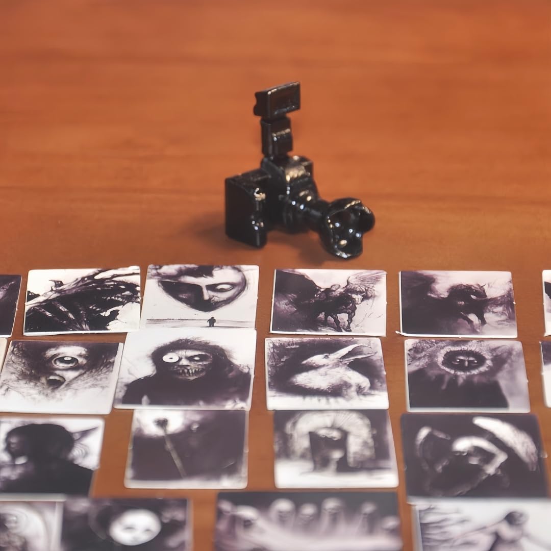 69Pcs Miniature Horror Diorama Set: Mini Black,DSLR Camera Prop, Gothic Posters & Abstract Art for 1:6 Scale Dollhouses - Creepy Display Decor for Adults