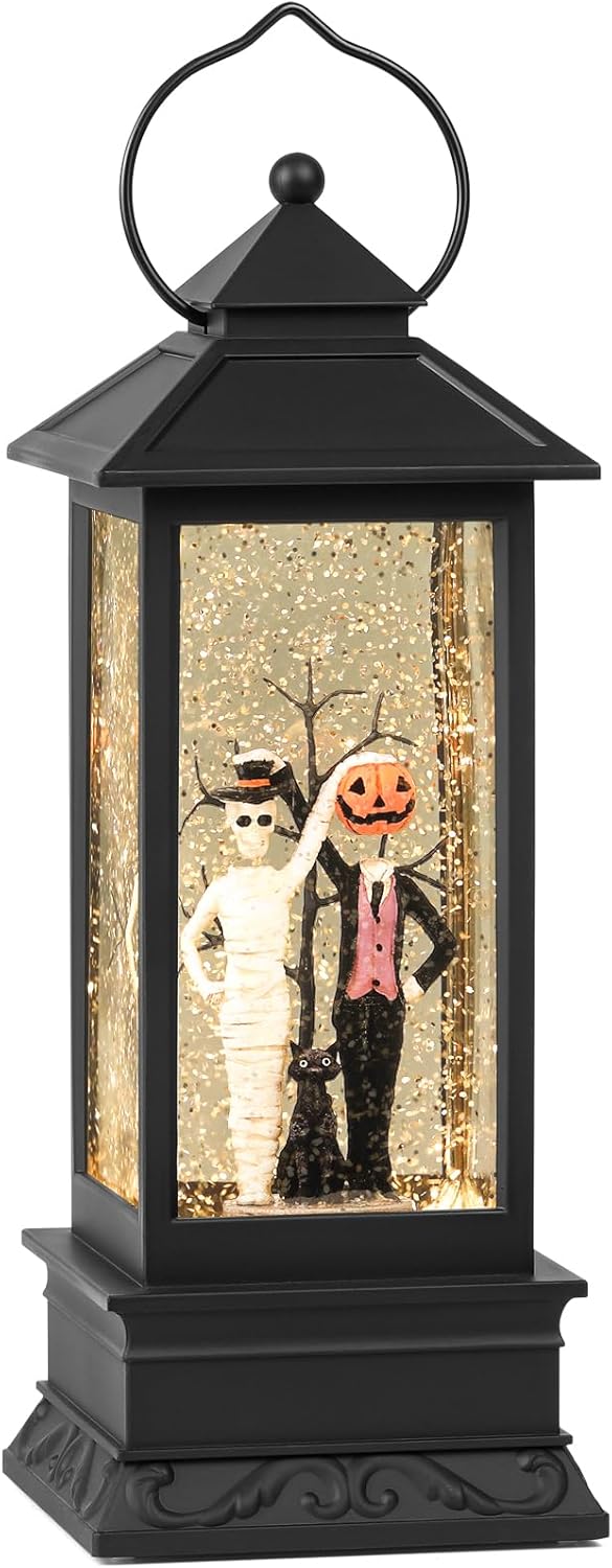 Halloween Snow Globes, Skull and Black Cat Scene Snow Globes, Glittering Lantern with Timer, Snow Globe Lantern USB or Battery Powered for Halloween Decor