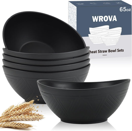 65oz Big Wheat Straw Bowls - Large Salad Bowls set of 6 - Unbreakable Serving Bowls - Microwave & Dishwasher Safe - Oval Bowls for Cereal,Salad,Fruit - Pure Black