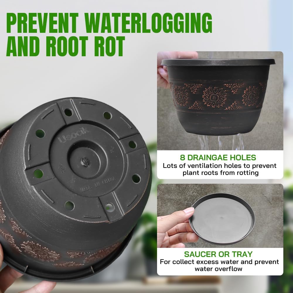 4 Pack 16 inch Plant Pots, Retro Pattern Planters with Drainage Holes and Saucer, Sturdy Plastic Garden Flower Pots for Indoor & Outdoor Plants