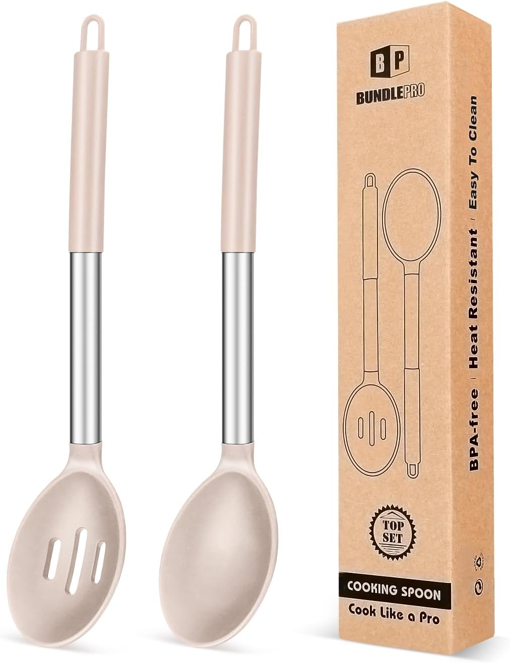 Pack of 2 Large Silicone Cooking Spoons,Non Stick Solid Basting Spoon,Heat-Resistant Kitchen Utensils for Mixing,Serving,Draining,Stirring (STAINLESS STEEL KHAKI)