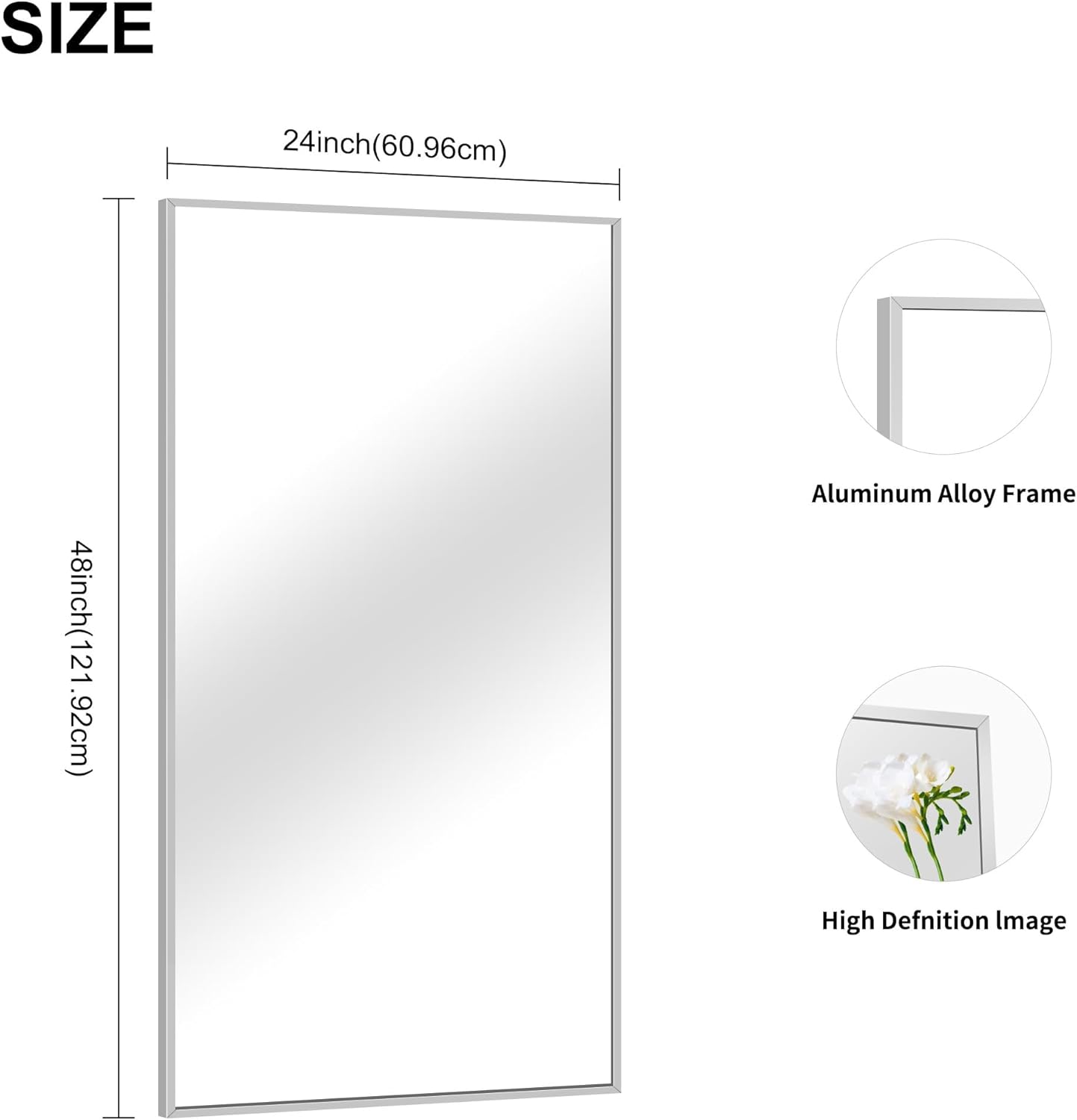 48x24In Silver Bathroom Mirror for Wall, Brushed Nickel Rectangle Mirrors with Metal Frame, Bathroom Rectangular Mirror Modern Wall Mirror for Bedroom Living Room, Hangs Horizontal or Vertical