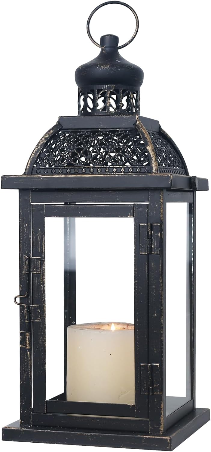 NEEDOMO Large Candle Lanterns Decorative Indoor, 14.4" Outdoor Lantern with Clear Glass, Vintage Metal Candle Holders in Black, Patio Wedding Home Kitchen Coffee Table Livinig Room Decor