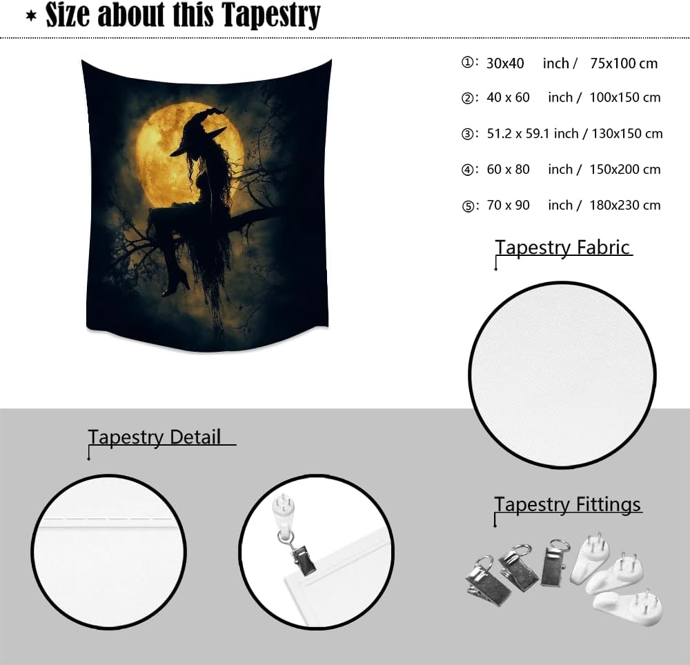 Halloween Witch Tapestry Wall Art Witchcore Moon Aesthetic Print Dark Academia Gothic Tapestries Wall Hanging Horror Ghost Halloween Party Decor for Home Living Room Bedroom 40x60inch