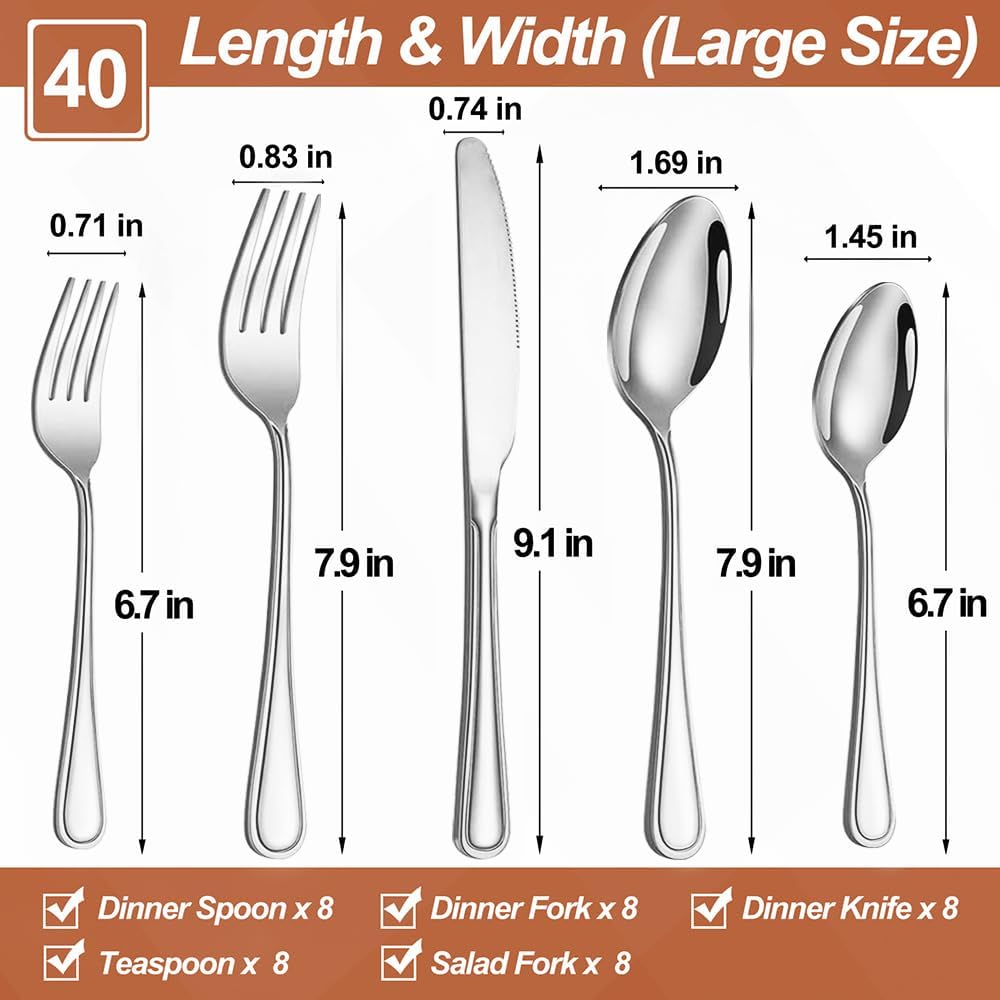 40 Pcs Silverware Set for 8 with Simple Striped Handle Design, Food Grade Stainless Steel Flatware Set, Eating Utensils Sets Include Fork/Knife/Spoon, Reusable Cutlery Set, Dishwasher Safe