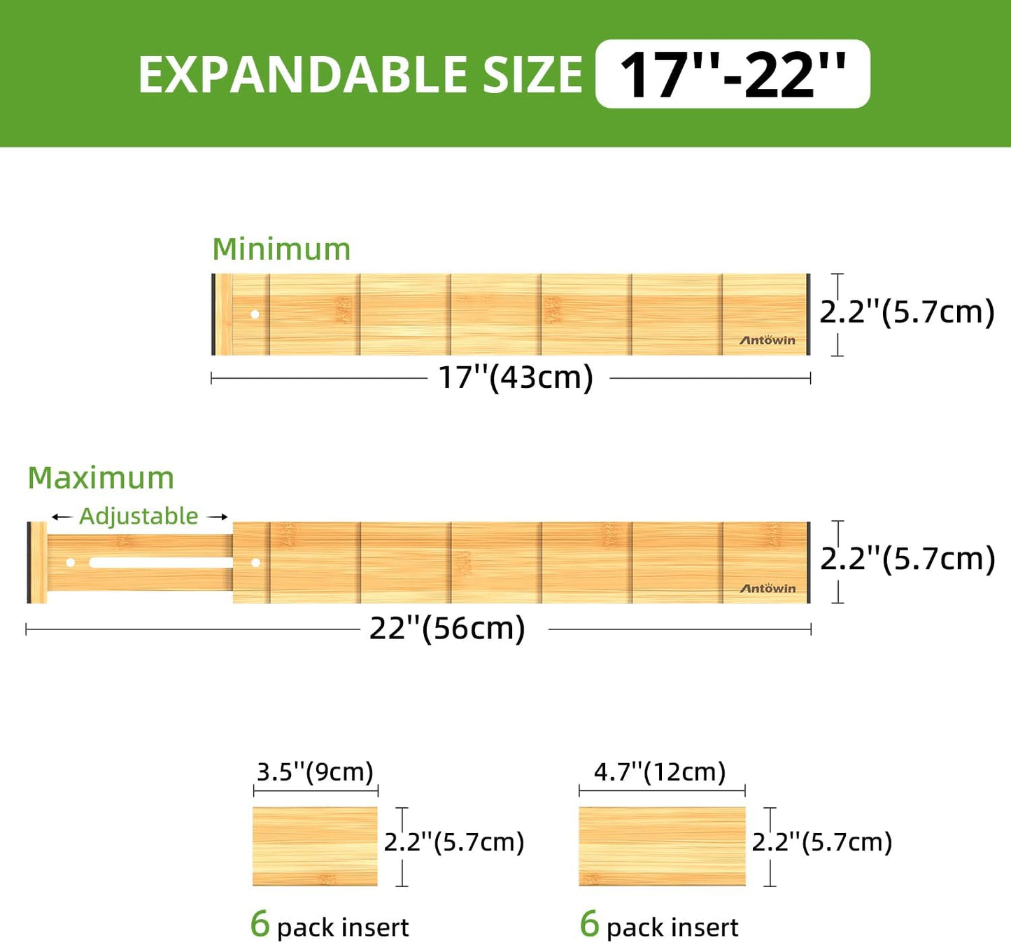 ANTOWIN 4 Pack Expandable Drawer Dividers, 2.2'' High, Extend from 17'' to 22'', Dresser Drawer Organizers, Bamboo Separators for Kitchen, Bedroom, Office, Bathroom, with 12 Pack Divider Inserts