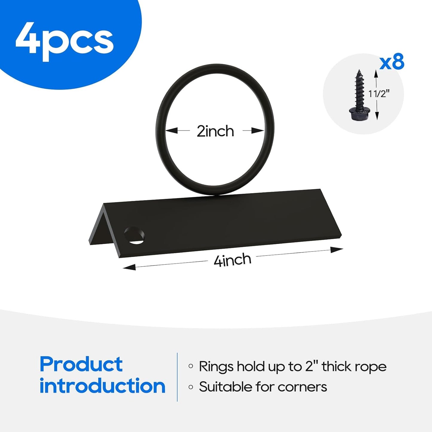 4Pack 2inch Rope Support Holder for Corner Post Drop Ring Brackets Stainless Steel Decorative for Hemp Rope Fencing Stair Deck Railing Ceiling Hook