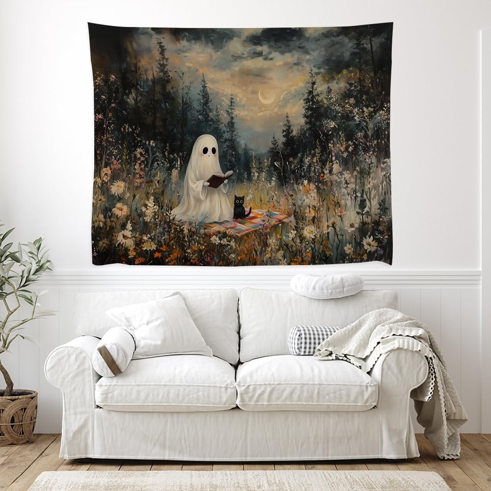 Halloween Ghost and Black Cat Tapestry Wall Hanging Spooky Ghos Reading Book in Wildflowers Wall Decor Halloween Witchy Room Aesthetic Tapestries for Goth Living Room Bedroom Decoration 30x40inch