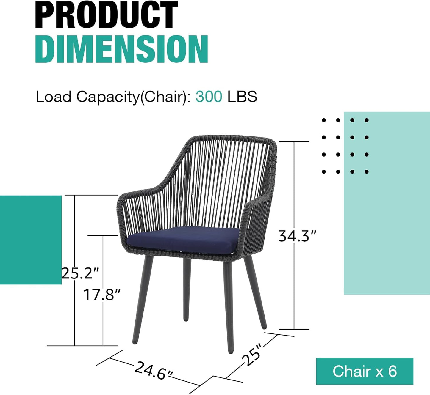 Patiorama Outdoor Dining Chairs, Patio Dining Chair Set of 6, All-Weather Woven Rope Rattan Chairs, Outdoor Dining Wicker Chair with Armrests for Indoor Balcony Pool Backyard(Blue)