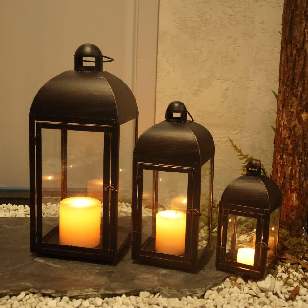 NEEDOMO Lanterns Decorative Outdoor & Indoor, Set of 3 Outdoor Lanterns for Porch, 23" Large Candle Lantern, Bronze Metal Frame with Glass, Vintage Farmhouse, Patio, Pathway, Garden, Fall, Christmas