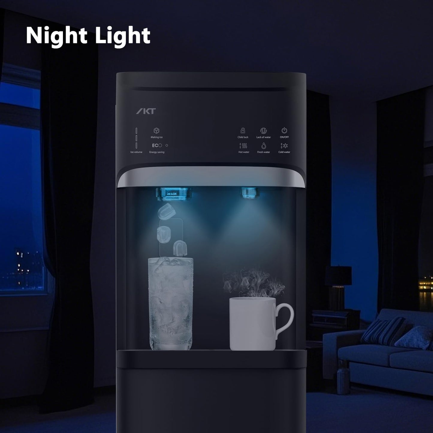 IKT Self-Cleaning Bottom Load Hot and Cold Water Cooler Dispenser with Ice Maker for 5 Gallon Bottle 22lbs Daily Capacity Perfect for Home Black