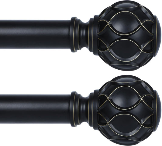 Black Adjustable Curtain Rods for Windows:Farmhouse Heavy Duty Curtain Rod for Bedroom Living Room,Boho Decorative Rustic Drapery Rods with Vintage Coastal Finials,Matte Black 2 Pack 36-88"