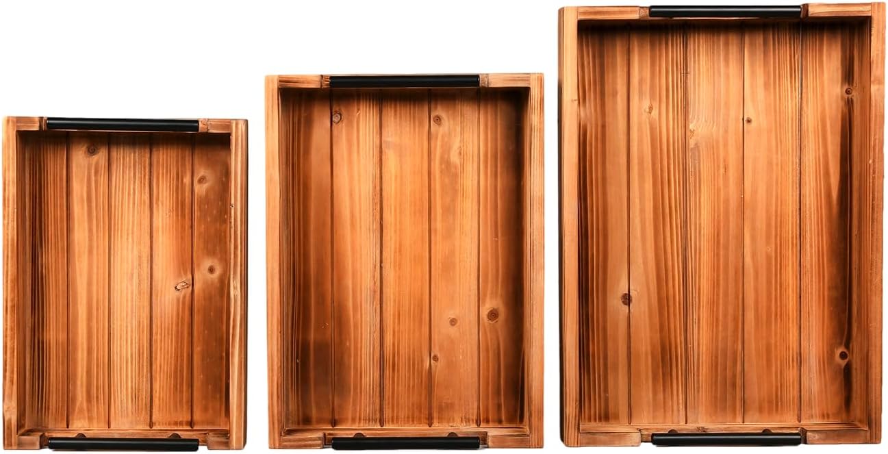 3 Piece Coffee Table Tray Decorative Nested Vintage Wood Serving Tray Set for Eating, Breakfast, Party, Kitchen, Ottoman,Tea Coffee Table Large Ottoman Trays