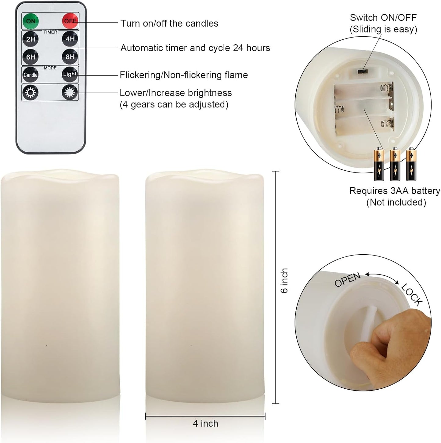 Amagic 2 Pack 6" x 4" Outdoor Plastic Electric flameless Candles with Remote Control and Timer, Battery Operated Flickering LED Pillar Fake Candle for Home, Wedding Decor, Ivory