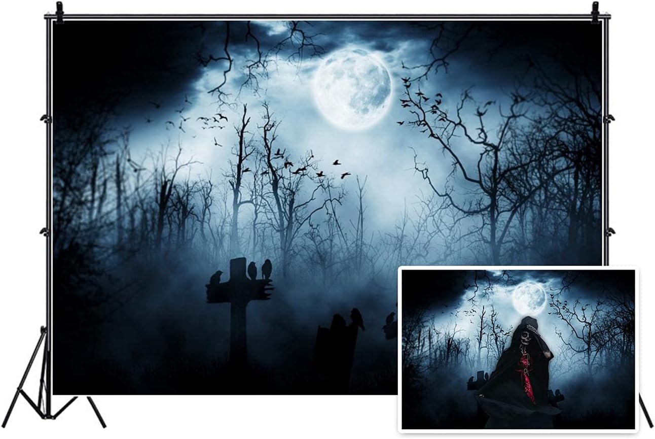 AOFOTO 8x6.5ft Moon Night Halloween Cemetery Photography Backdrop Flying Bats Birds Stand on Gravestone Cross Graveyard in Dark Forest Photo Background Cloth Vinyl Wallpaper Photo Studio Props Vinyl