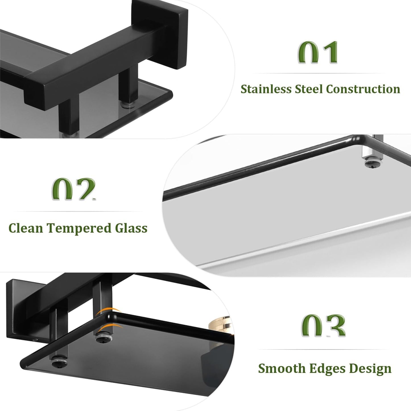 Alise Bathroom Glass Shelf with Stainless Steel Railing, Matte Black Small Tempered Glass Floating Wall Shelf Over The Toilet, 16 inch