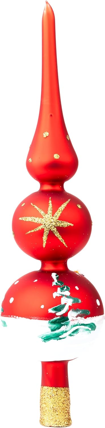 Christmas Tree Topper Spitz Glass Mouth Blown Hand-Decorated Embellishments (Red Matt, 12 inch)