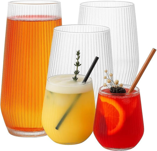 24 Pack Ribbed Origami Ripple Plastic Glasses, 12-9 Ounce Stemless Champagne Flutes & 12-12 Ounce Cups, BPA-Free Disposable Shatterproof Toasting Glasses for Weddings, Bars, and Events (Clear)