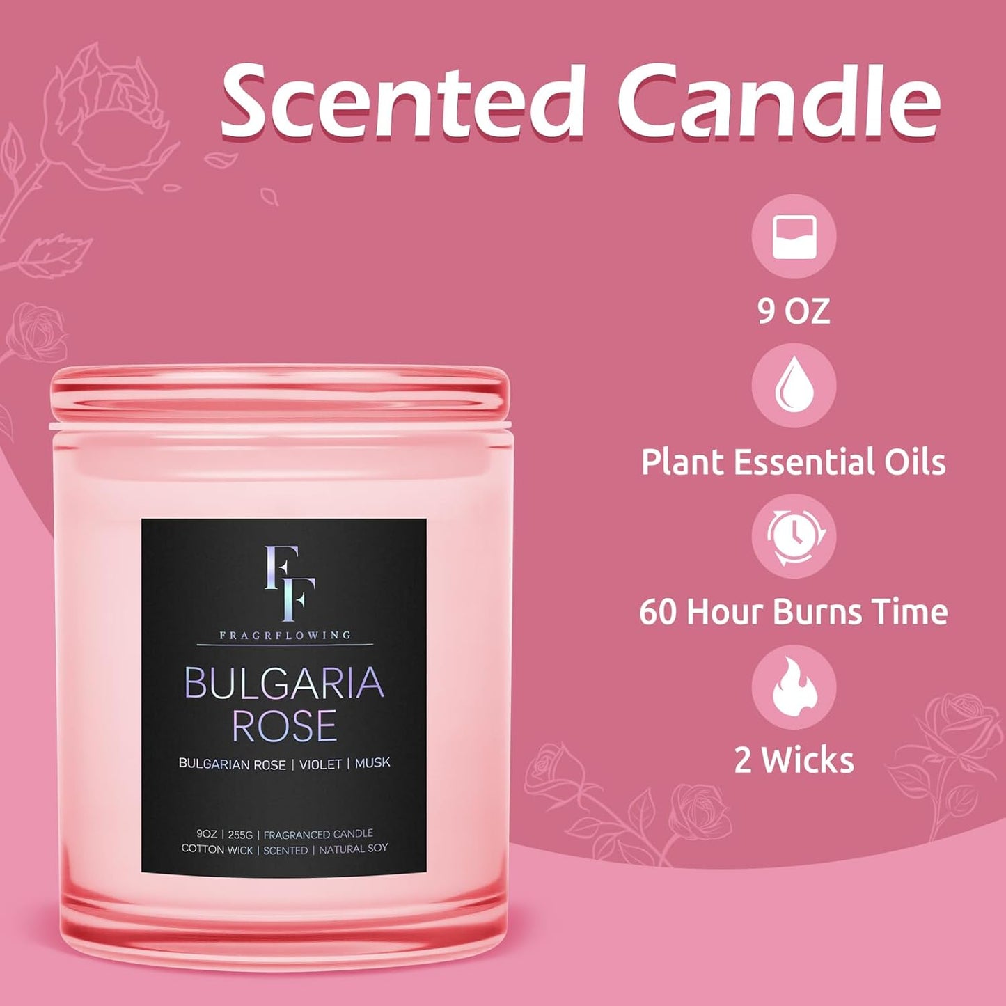 Bulgaria Rose Scented Candle, 2-Wick Luxury Soy Wax Candle, 9 oz Aromatherapy Candle Home Fragrance Candles Gift