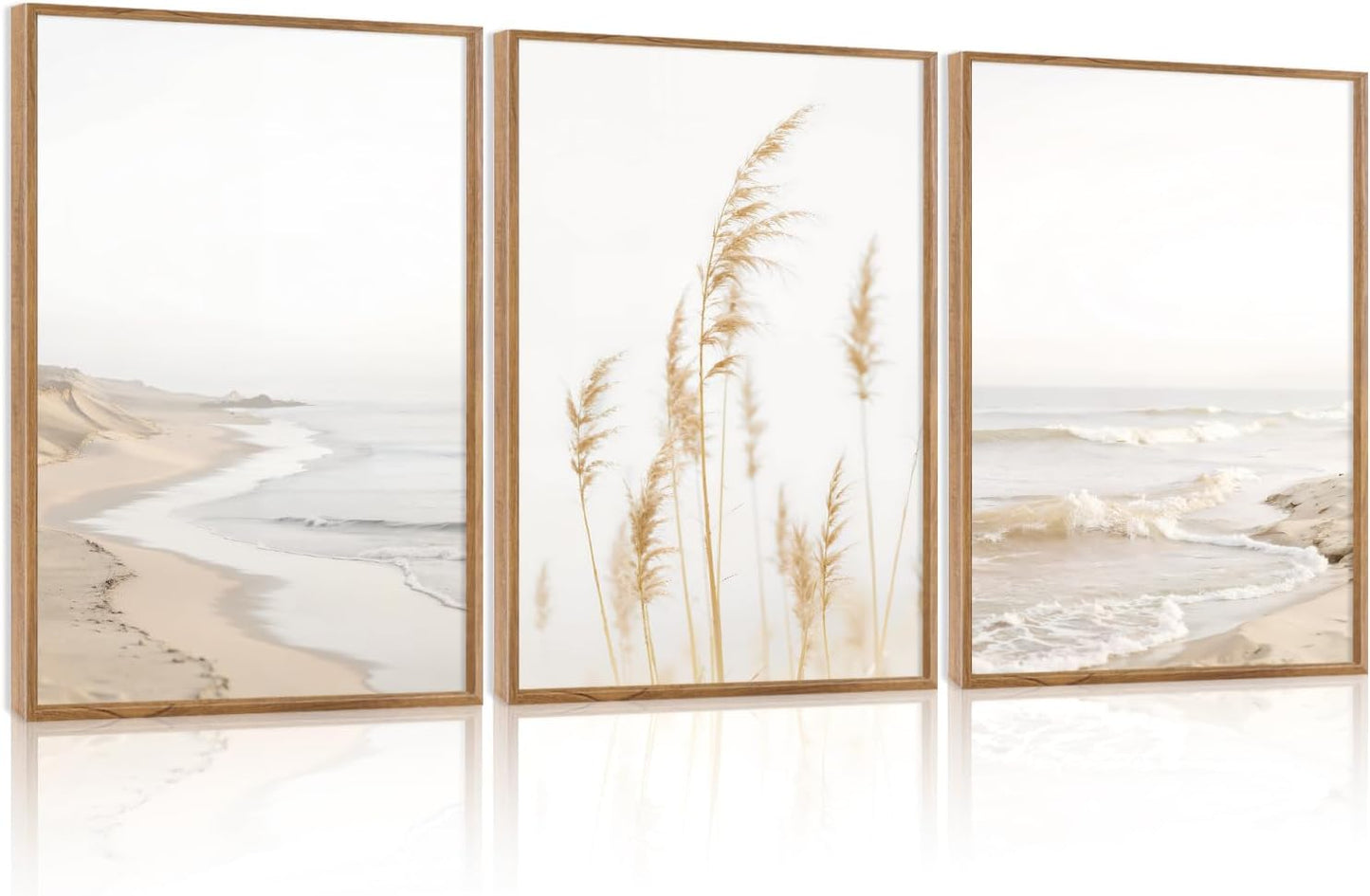 HPNIUB Modern Beach Artwork Seascape Wall Art, Seaside Framed Painting Reed Pathway Picture, Minimalist Neutral Coastal Landscape Wall Decor for Living Room,Bathroom -16'' x24'' x3