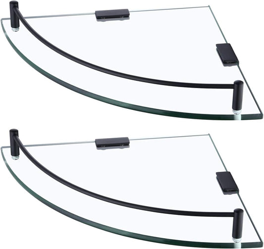 KES Bathroom Glass Corner Shelf Tempered Glass Shelf with Rail Wall Mount Corner Shelf SUS 304 Stainless Steel Matte Black 2 Pack, BGS2101A-BK-P2
