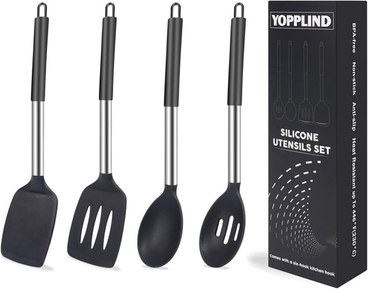 Silicone Kitchen Cooking Utensils Set 5-Piece BPA-Free Heat-Resistant Non-Stick & Dishwasher-Safe, with Slotted/Solid Spoons & Spatulas for Frying,Draining – Includes Multi-Purpose Serving Hook(Black)