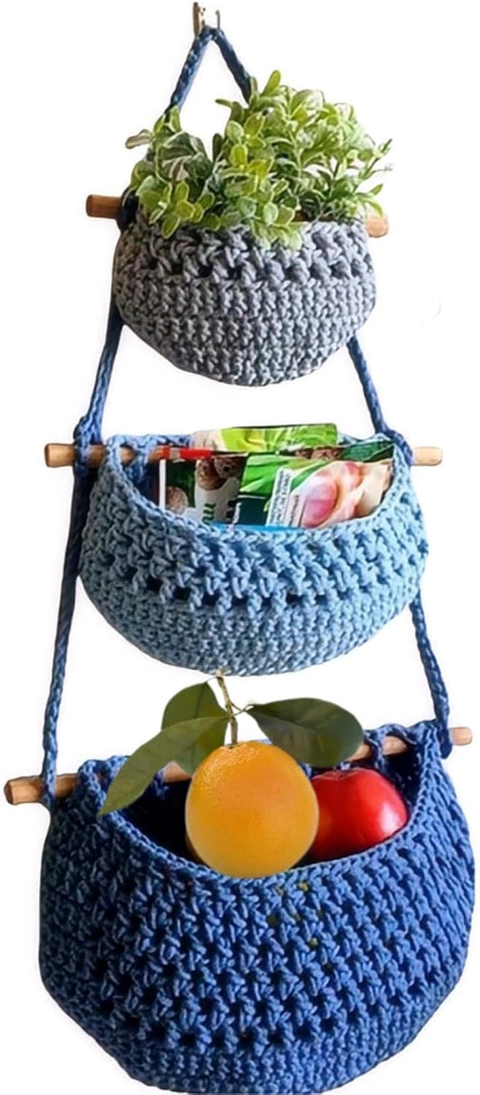 Hanging Fruit Basket, 3 Tier Cotton Macrame Produce Basket for Kitchen, Indoor Planter Hangers.