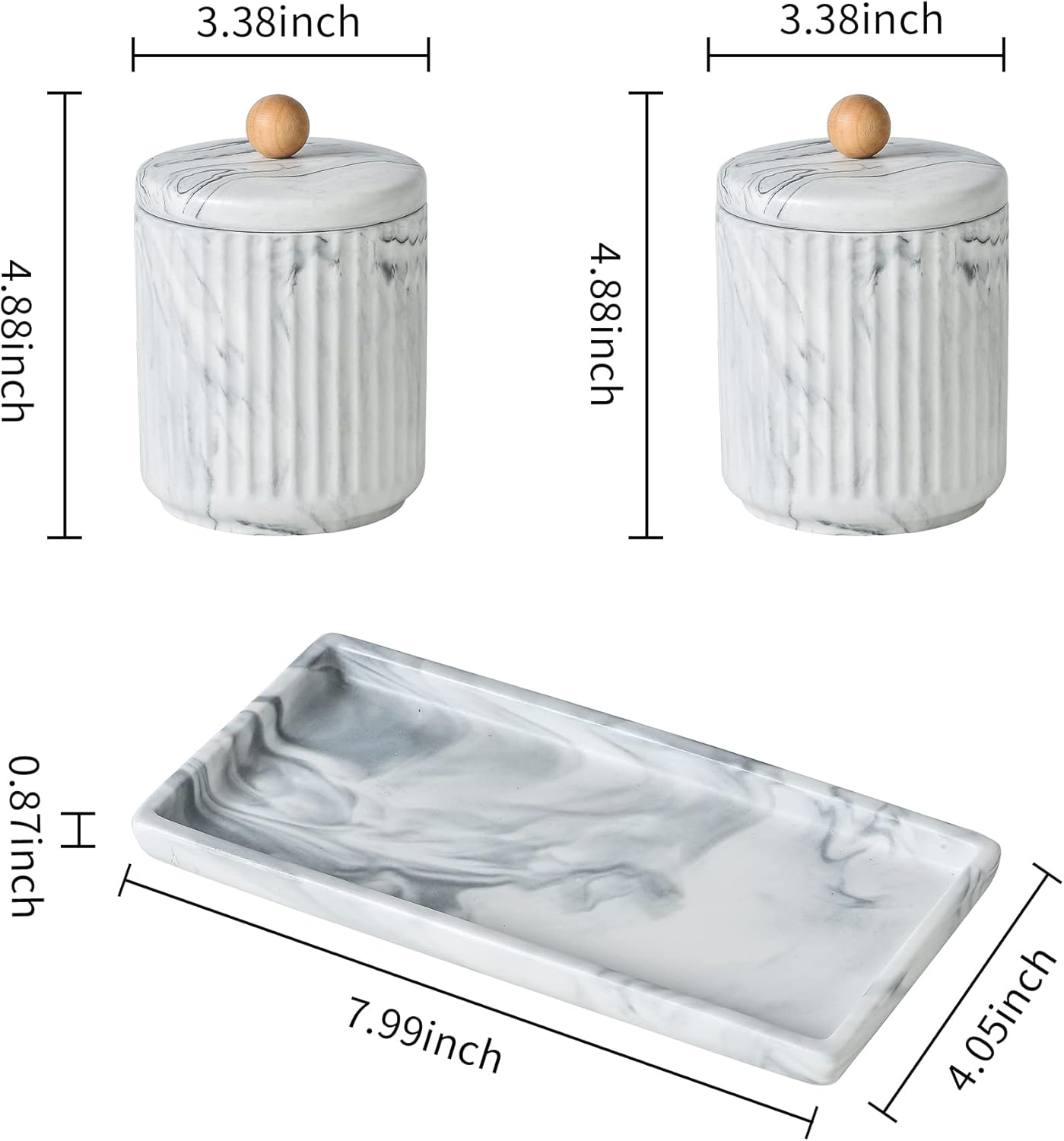 Marble Small Bathroom Jar Set ，Ceramic Cotton Swabs Holder with Lid and Dresser Organizer Set Tray for Storage and Organizing in Bathroom, Dresser, Kitchen, Office