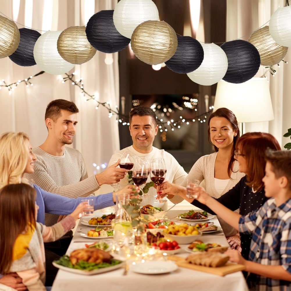 Paper Lanterns Decorative, Black Gold Hanging Round Chinese Lanterns with Lights for Graduation Anniversary Birthday Party 12 LED Light Pack of 12