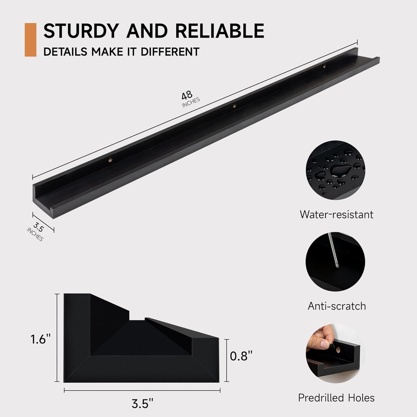 Fun Memories Picture Ledge Shelf, 48 Inch Floating Shelves Set of 2, Large Nursery Book Shelves for Toys Storage, Kids Bookshelf Wall Mounted for Wall Decor Books Photo Frames, Black