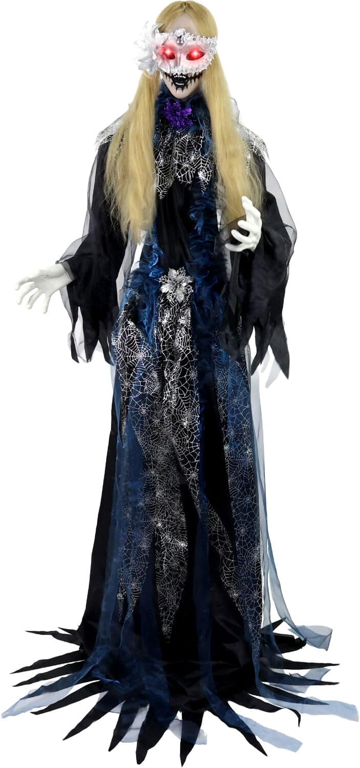 Haunted Hill Farm 5.5-Ft Animatronic Animated Standing Masquerade Lady, Halloween Animatronic, Spooky Venetian Masquerade Prop, Creepy House Party Decoration, Touch-Activated Lights & Sound, Life-Size