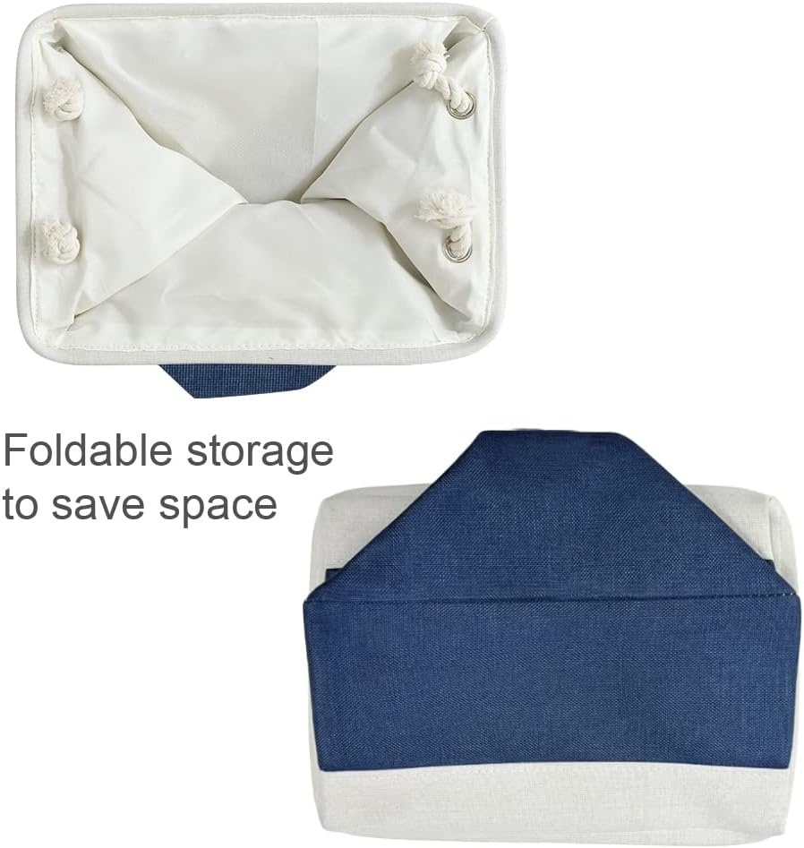 Organization and Storage Bins for Shelves - 2 Pack 17X15X12 inch Canvas Storage Cubes Collapsible Baskets for Organizing with Handles, Storage Box for Cloth Decorative (White & Blue)
