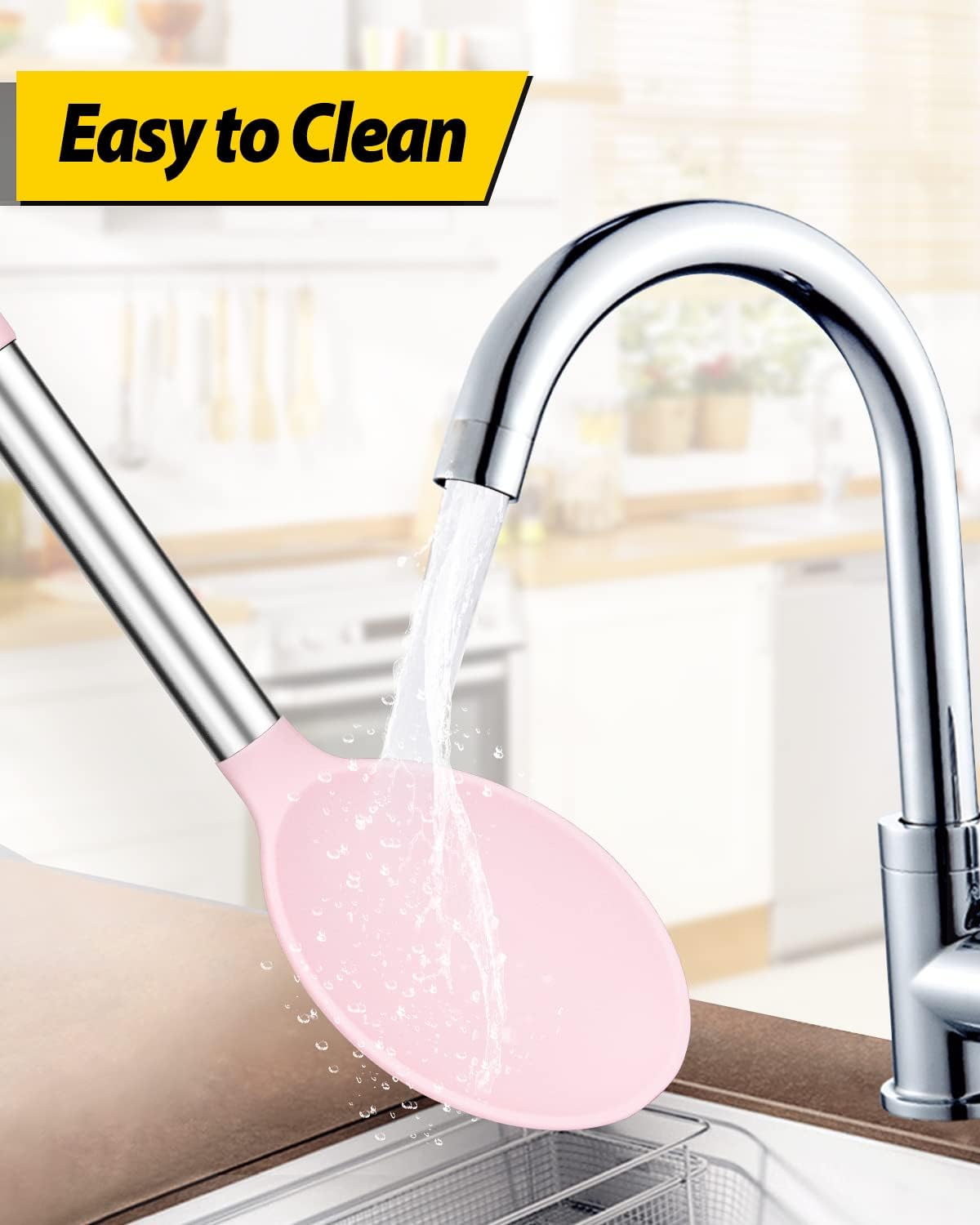 Pack of 2 Large Silicone Cooking Spoons,Non Stick Solid Basting Spoon,Heat-Resistant Kitchen Utensils for Mixing,Serving,Draining,Stirring (PINK)