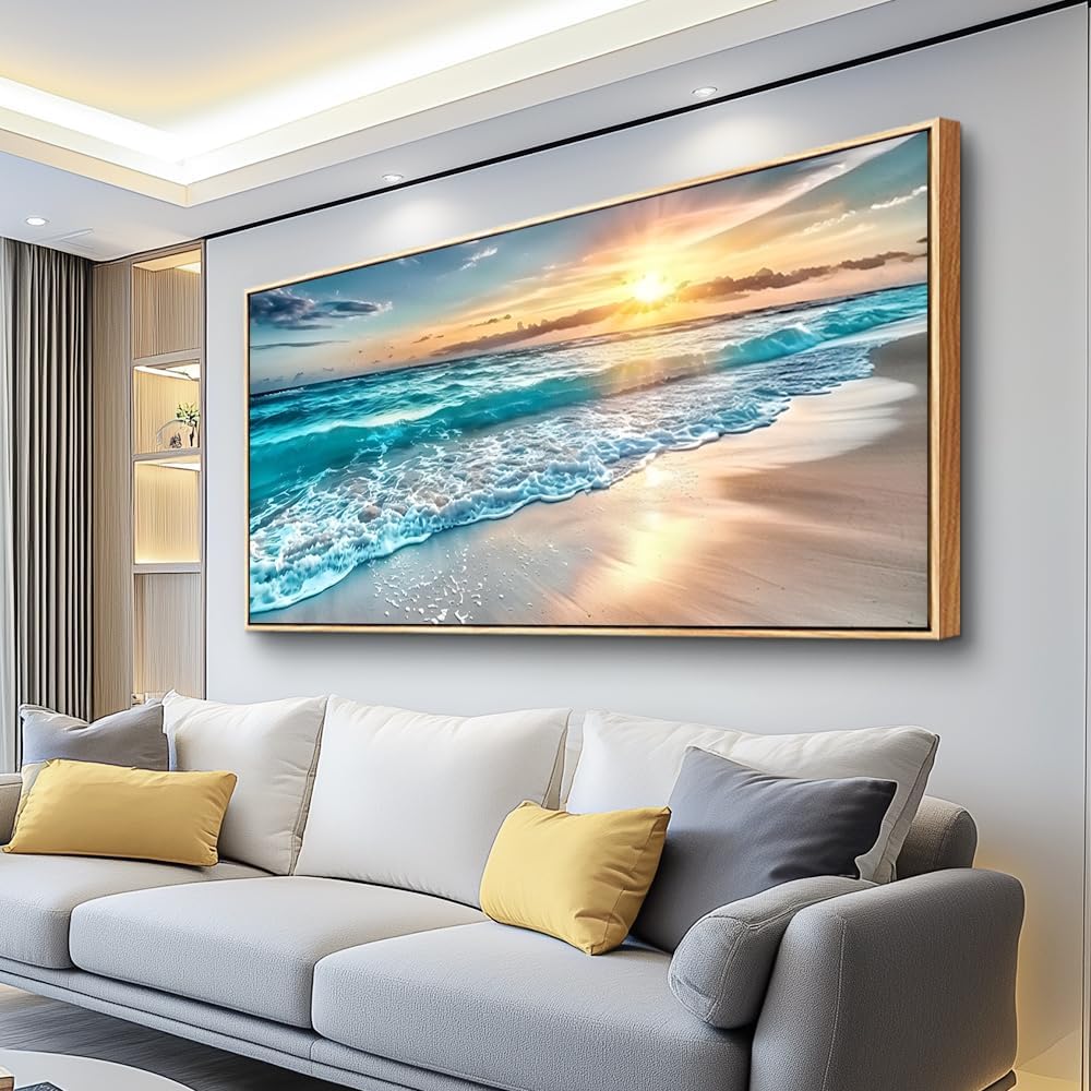 hyidecorart Large Wall Art For Living Room Wall Decorations For Bedroom Office Wall Decor Wood Framed Canvas prints Painting Blue Sea Wave Pictures Modern Beach Seascape Posters Home Decor Artwork