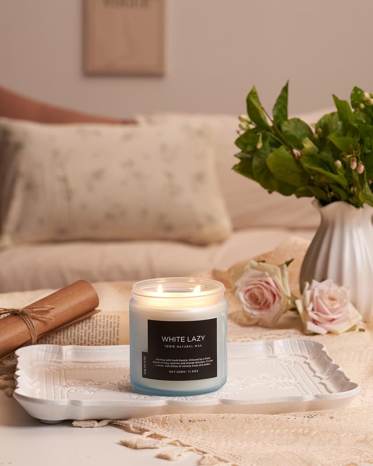 M&SENSE Jasmine & Clean Cotton Spring Scented Candle, 11.6oz Aromatherapy Gifts 2 Wick 70 Hours Long Lasting Burn, Natural Organic Soy Candle, Housewarming Gifts for Dad Mom Friends