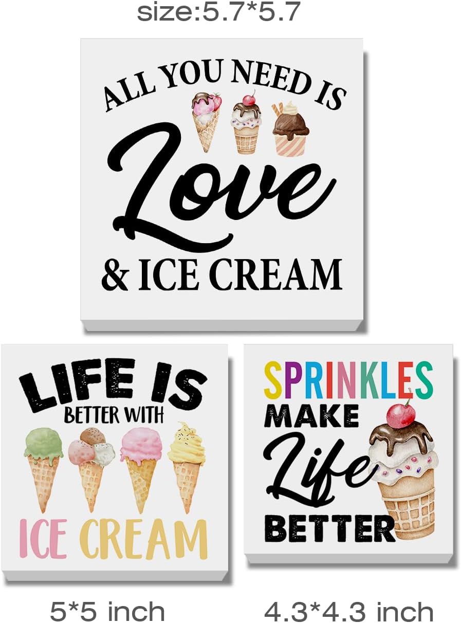 3 Pcs Summer Ice Cream Wood Box Signs Decor Farmhouse Summer Ice Cream Tiered Tray Decor Table Desk Shelf Kitchen Decoration Rustic