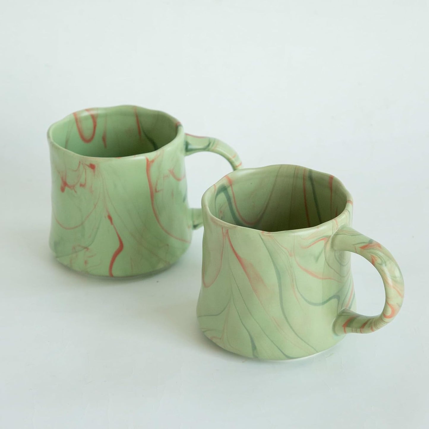 Abstract Art Ceramic Coffee Mugs Set - 2 Pack, Mint Green with Red and White Accents, Handcrafted Design for Modern Kitchen or Office