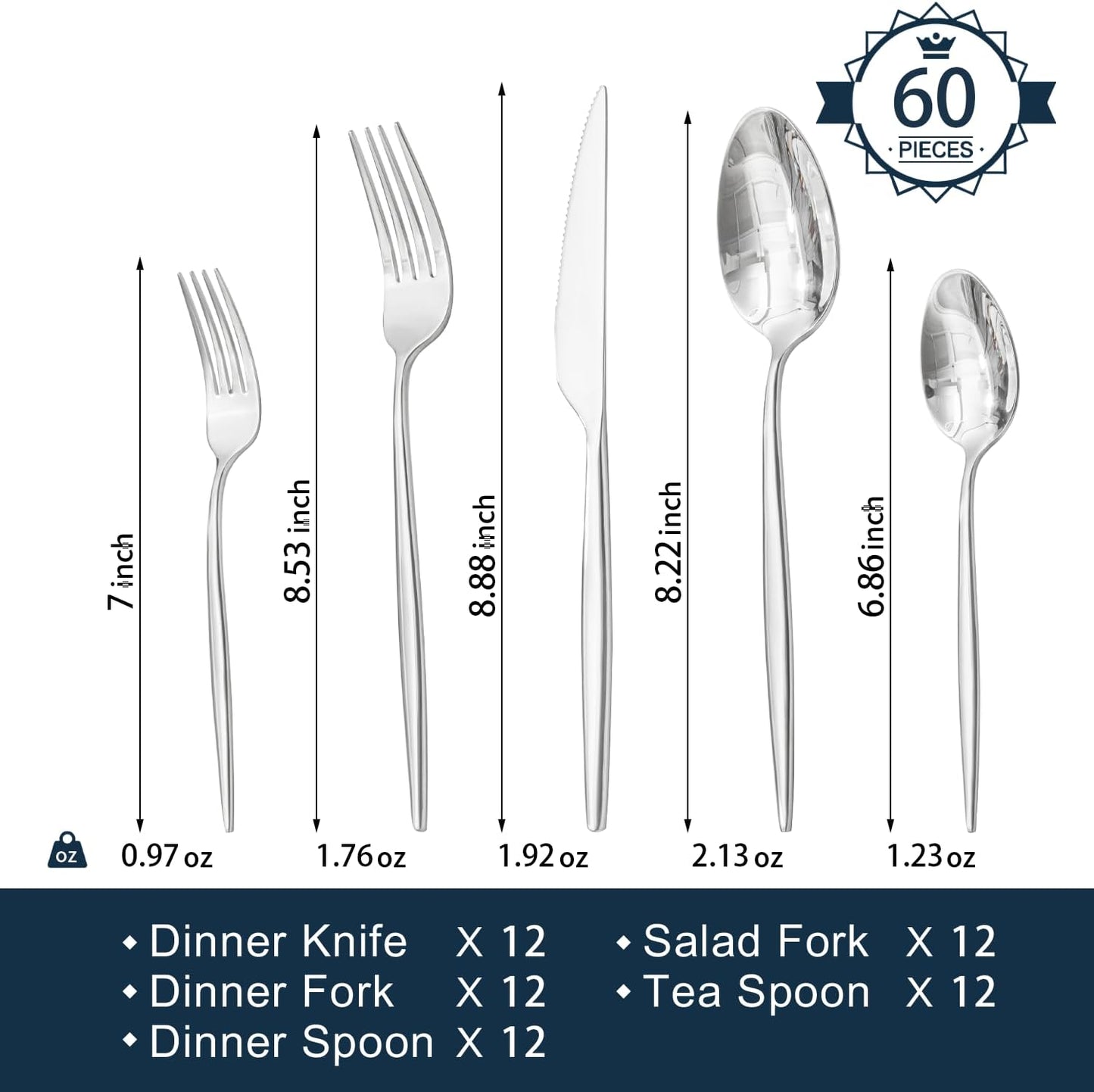 KINGSTONE Silverware Set, 60-Piece Flatware Set Cutlery Set Premium 18/10 Stainless Steel, Tableware Include Forks Knives Spoons for Home Kitchen Restaurant Wedding, Dishwasher Safe