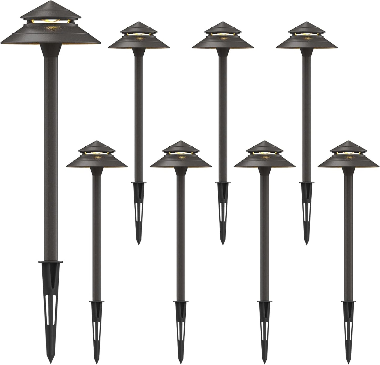 GOODSMANN Pathway Lights Kits 3W LED 8PK Outdoor Low Voltage Landscape Lighting 180 Lumen Hardwired 2 Tier Pagoda Path Light 3000K Warm White Metal 12V Electric Sidewalk Walkway Lights with Connectors