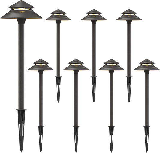GOODSMANN Pathway Lights Kits 3W LED 8PK Outdoor Low Voltage Landscape Lighting 180 Lumen Hardwired 2 Tier Pagoda Path Light 3000K Warm White Metal 12V Electric Sidewalk Walkway Lights with Connectors