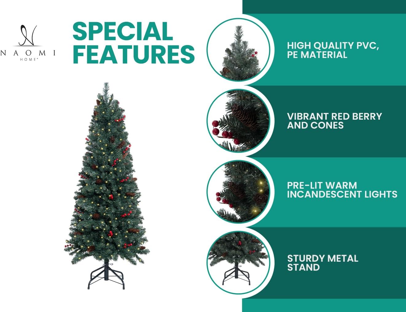 Naomi Home Belen 9ft Pencil Christmas Tree Prelit pre-Decorated with Pine Cones, Red Berries, 1457 Branch Tips, 500 Warm Lights and Metal Stand, 37" Wide Skinny Christmas Tree with Lights