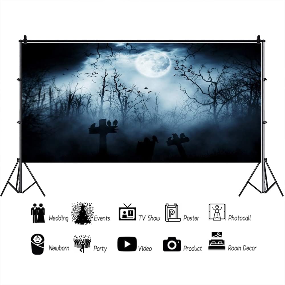 AOFOTO 15x8ft Moon Night Halloween Cemetery Photography Backdrop Flying Bats Birds Stand on Gravestone Cross Graveyard in Dark Forest Photo Background Cloth Vinyl Wallpaper Photo Studio Props